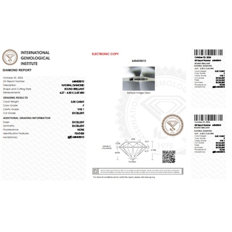 Diamante certificado IGI 0.30 CT F VVS1