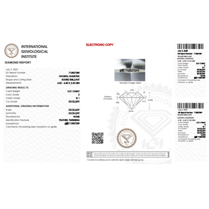 Diamante certificado IGI 0.31 CT E SI1 Diamante certificado IGI 0.31 CT E SI1