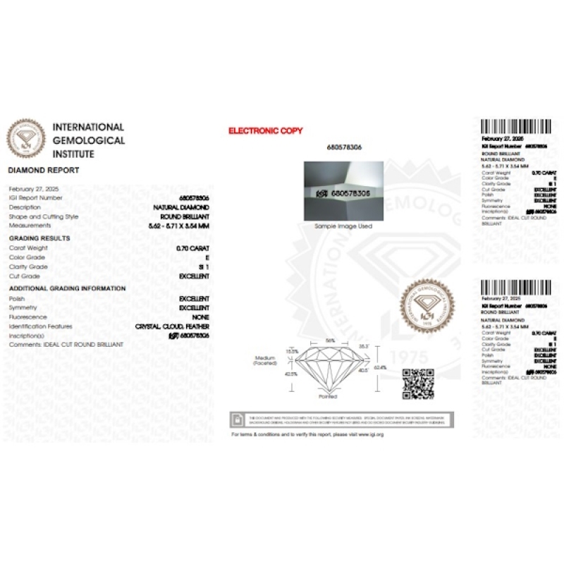 Diamante certificado IGI 0.70 CT E SI1  Diamante certificado IGI 0.70 CT E SI1