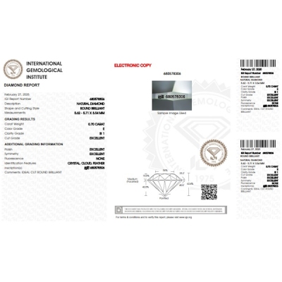 Diamante certificado IGI 0.70 CT E SI1 