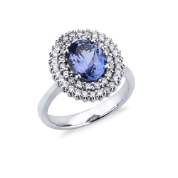 Anillo con doble halo en oro blanco de 18 quilates con tanzanita ovalada y diamantes