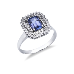Anillo con doble halo en oro 18k con tanzanita rectangular y diamantes