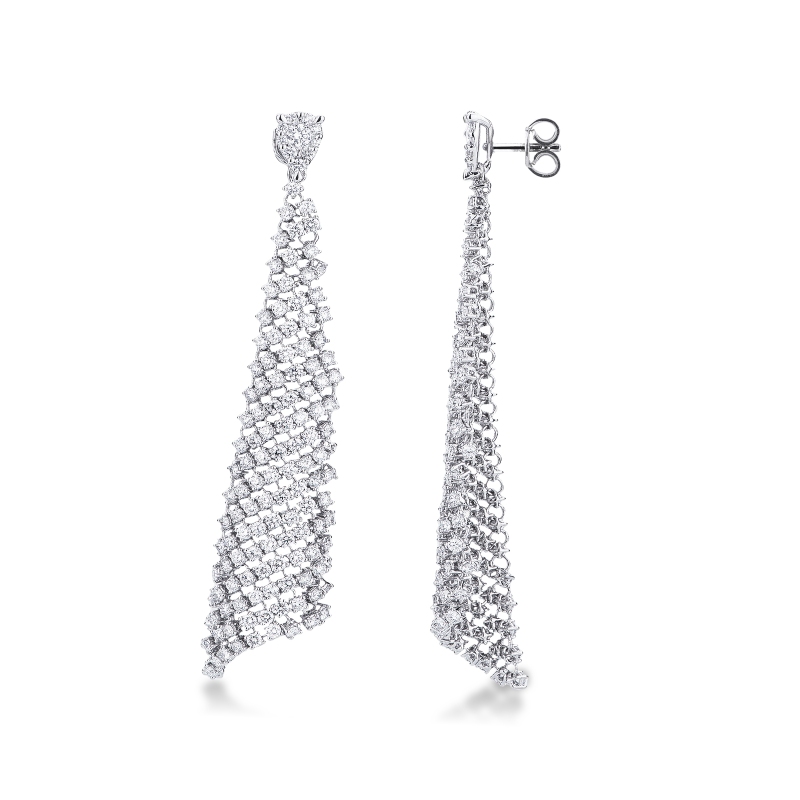 Pendientes colgantes en tejido de oro blanco 18k con diamantes Pendientes colgantes en tejido de oro blanco 18k con diamantes