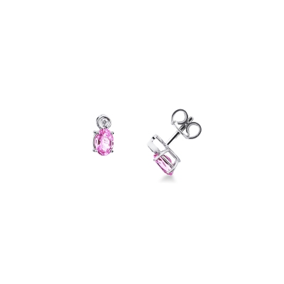 Pendientes boton en oro blanco 18k con zafiro rosa y diamante