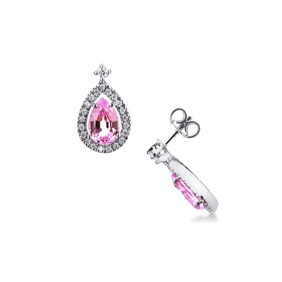 Pendientes gotas oro blanco 18k con zafiro rosa y diamantes