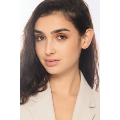 Pendientes boton en oro blanco 18k con zafiro rosa y diamante