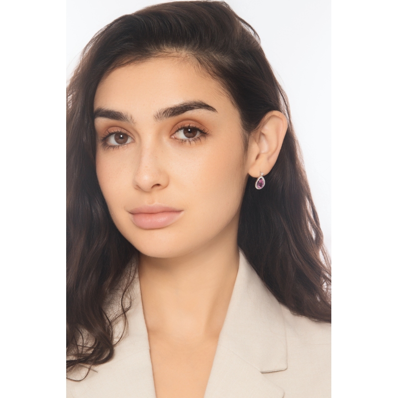 Pendientes gotas oro blanco 18k con zafiro rosa y diamantes Pendientes gotas oro blanco 18k con zafiro rosa y diamantes