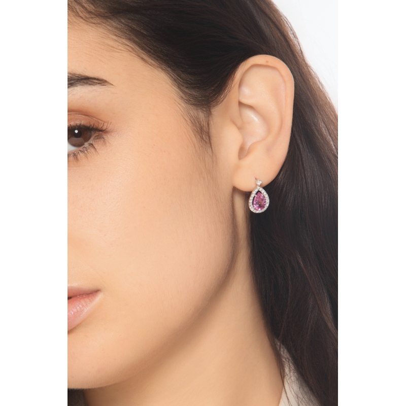 Pendientes gotas oro blanco 18k con zafiro rosa y diamantes Pendientes gotas oro blanco 18k con zafiro rosa y diamantes