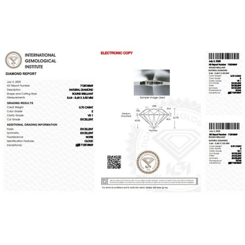 Diamante certificado IGI CT 0.70 E VS1
