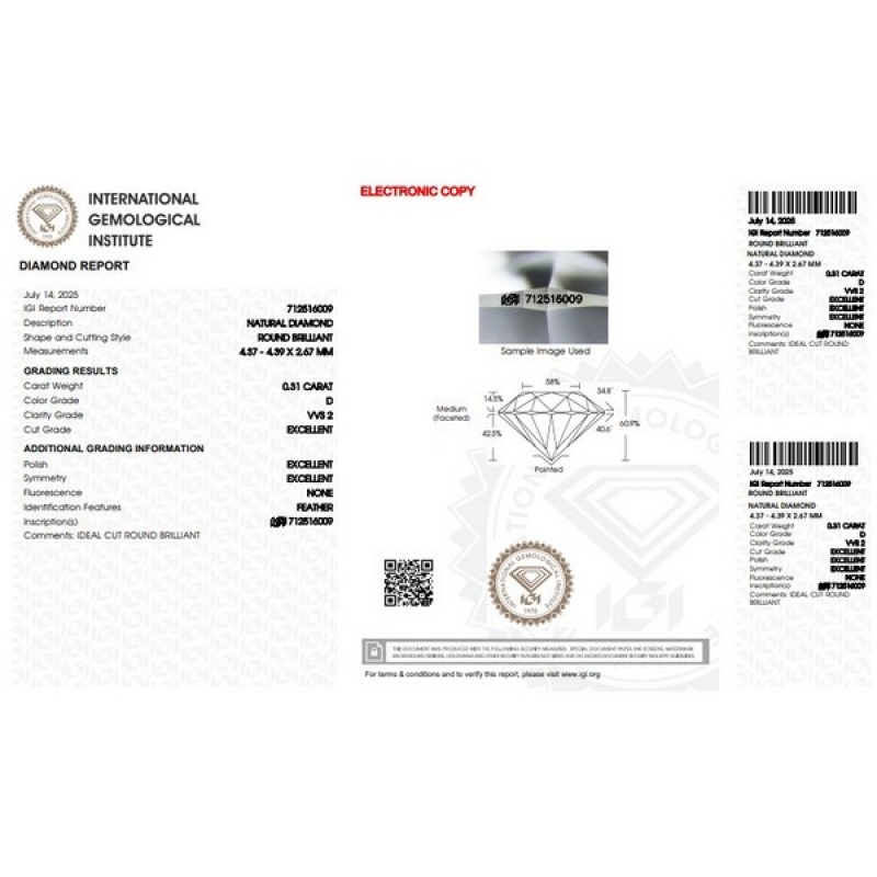 Diamante certificado IGI 0.31 CT D VVS2