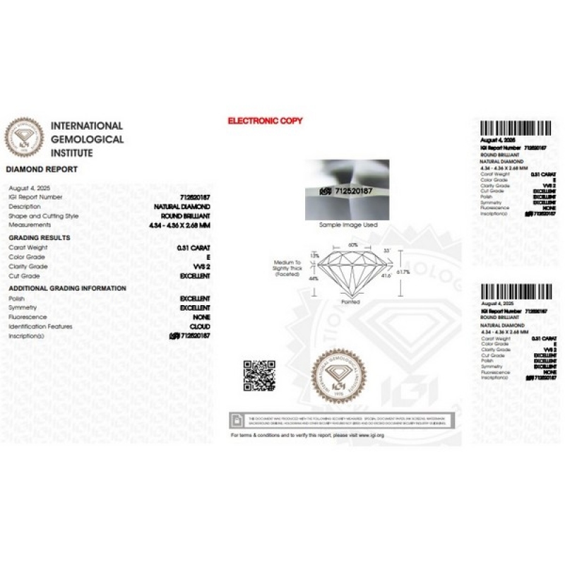 Diamante certificado IGI  0.31 CT E VVS2