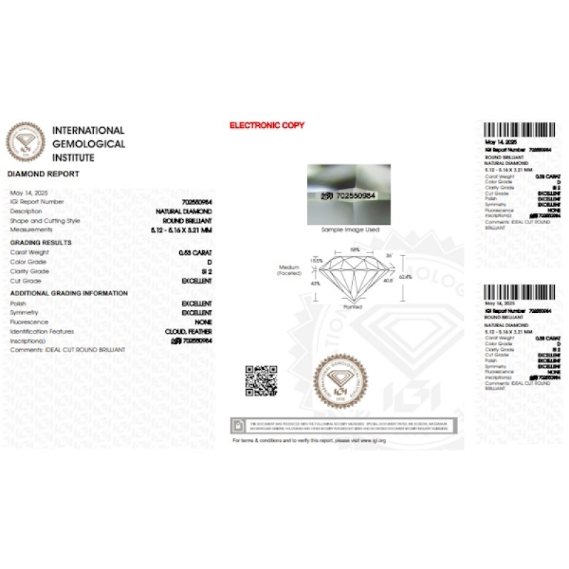 Diamante certificado IGI 0.53 CT D SI2