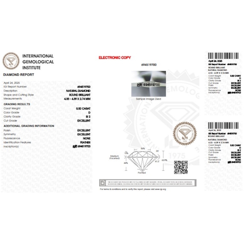 Diamante certificado IGI 0.32 CT D SI2