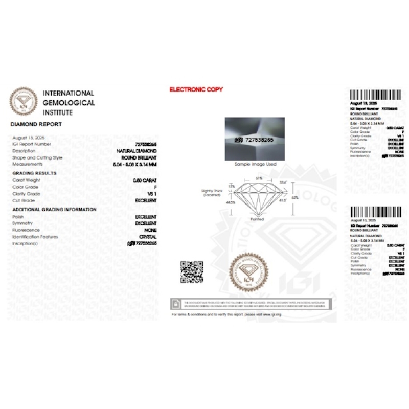 Diamante certificado IGI CT 0.50 F VS1
