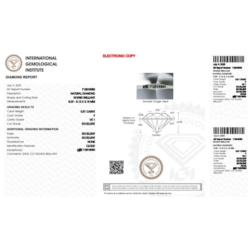 Diamante certificado IGI 0.51 CT F VS1