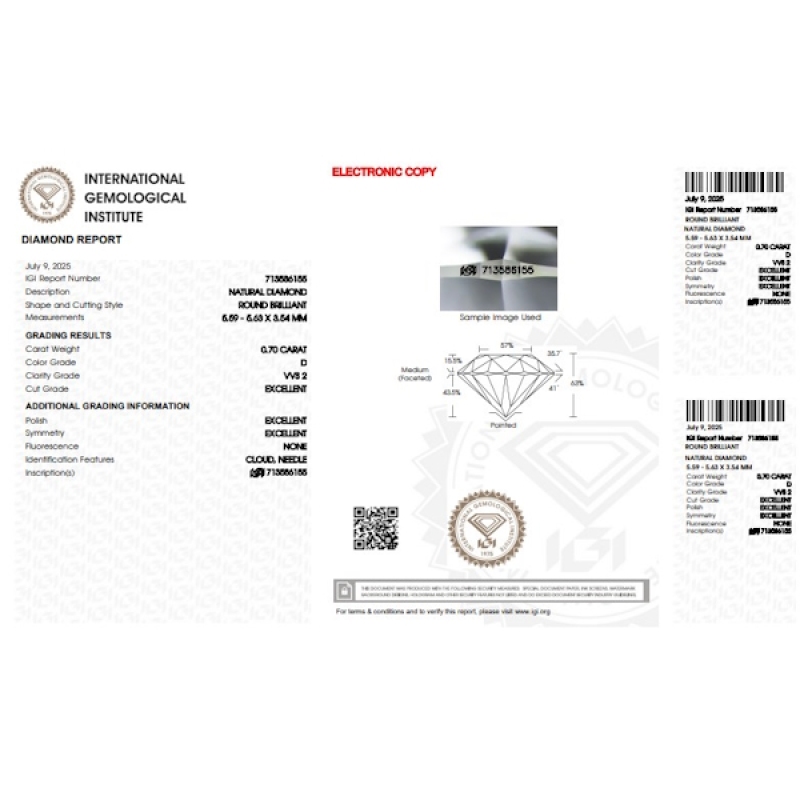 Diamante certificado IGI 0.70 CT D VVS2 