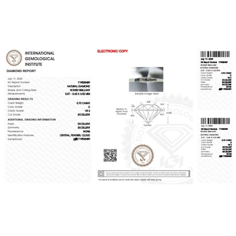 Diamante certificado IGI 0.70 CT D VS2 