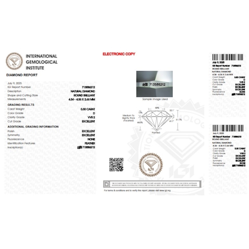 Diamante certificado IGI  0.30 CT D VVS2 