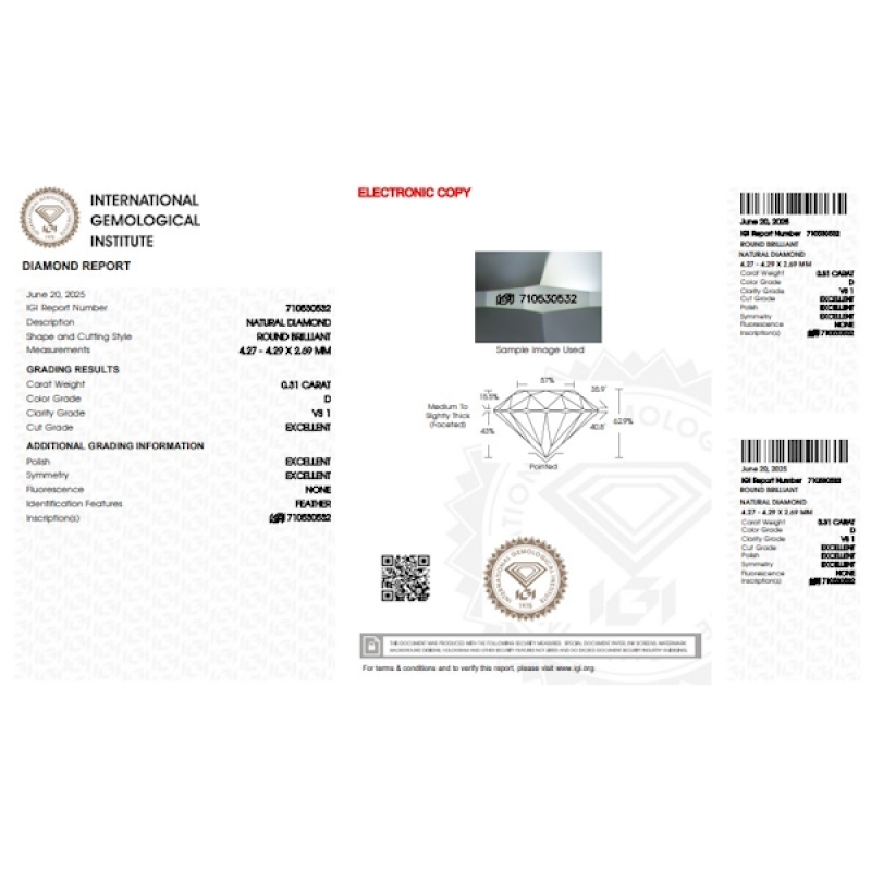 Diamante certificado IGI  0.31 CT D VS1