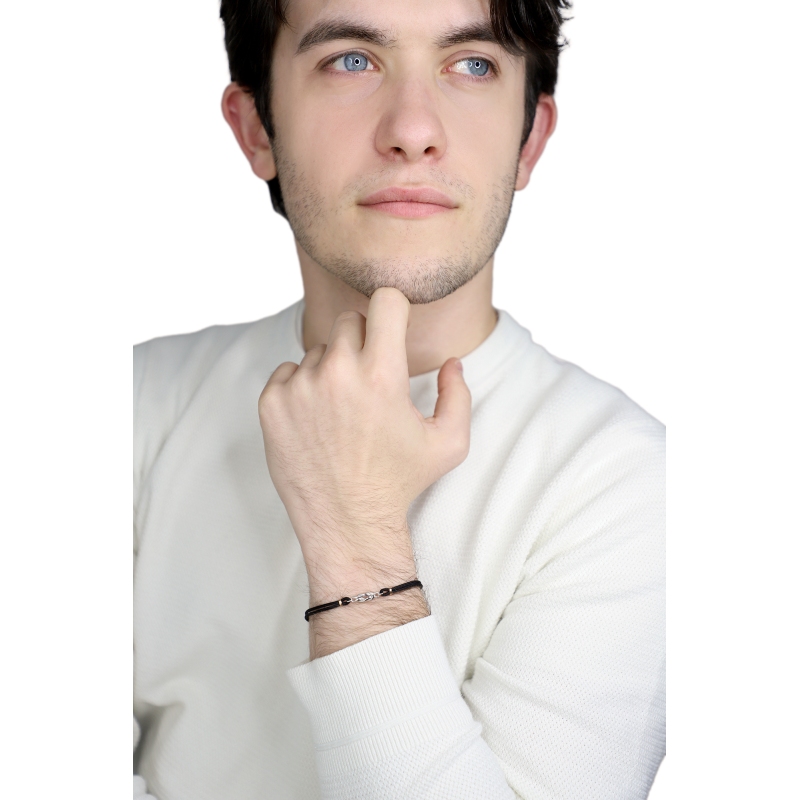 Pulsera tela negra con nudo en oro blanco y rosa 18k