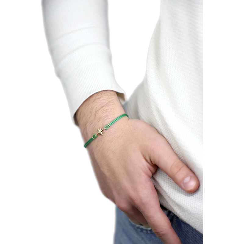 Pulsera tela verde y estrella en oro amarillo y blanco 18k