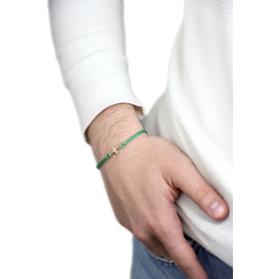Pulsera tela verde y estrella en oro amarillo y blanco 18k