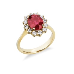 Anillo halo en oro amarillo de 18 quilates con rubí ovalado y diamantes