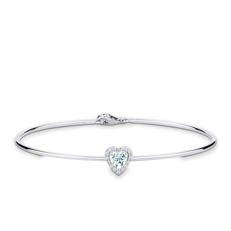 Brazalete rígido en oro blanco con aguamarina corazón y diamantes Brazalete rígido en oro blanco con aguamarina corazón y diamantes
