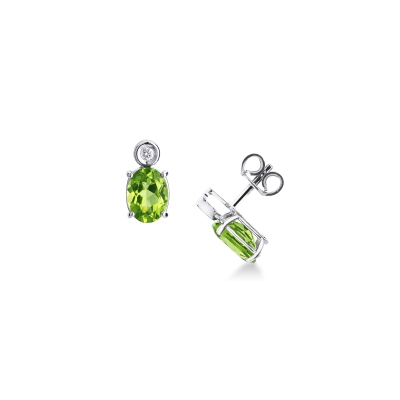 Pendientes en oro blanco con peridoto oval y diamante