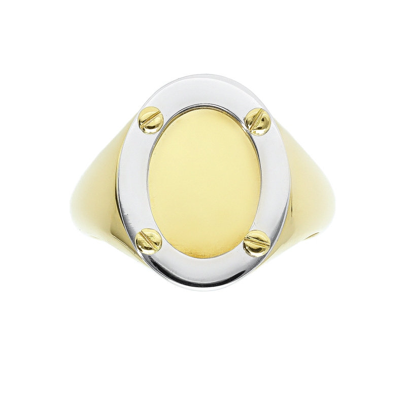 Anillo de hombre ovalado en oro blanco y amarillo 18k