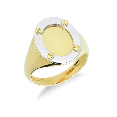 Anillo de hombre ovalado en oro blanco y amarillo 18k