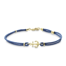 Pulsera cuerda azul con charm  ancla en oro amarillo 18k