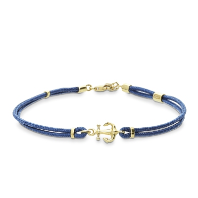 Pulsera cuerda azul con charm  ancla en oro amarillo 18k