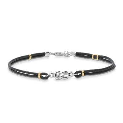 Pulsera tela negra con nudo en oro blanco y rosa 18k