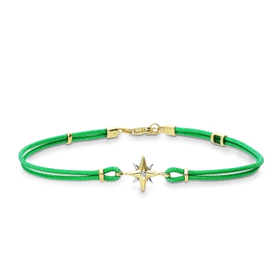 Pulsera tela verde y estrella en oro amarillo y blanco 18k