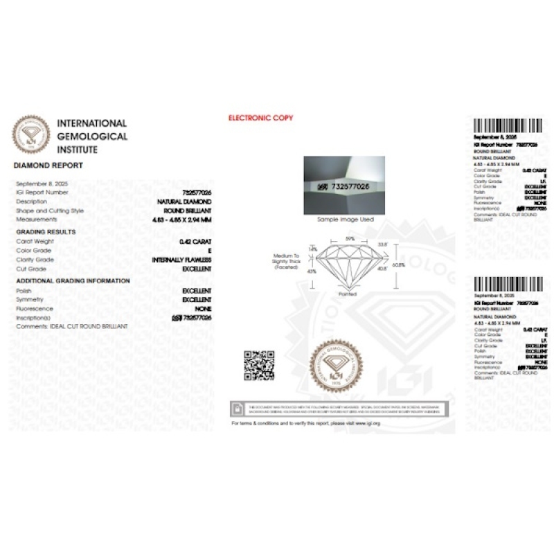 Diamante certificado IGI CT 0.42 E IF Diamante certificado IGI CT 0.42 E IF