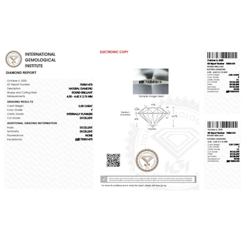Diamante certificado IGI CT 0.33 F IF  Diamante certificado IGI CT 0.33 F IF