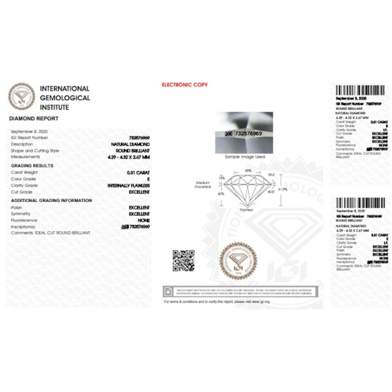 Diamante certificado IGI 0.31 CT E IF Diamante certificado IGI 0.31 CT E IF