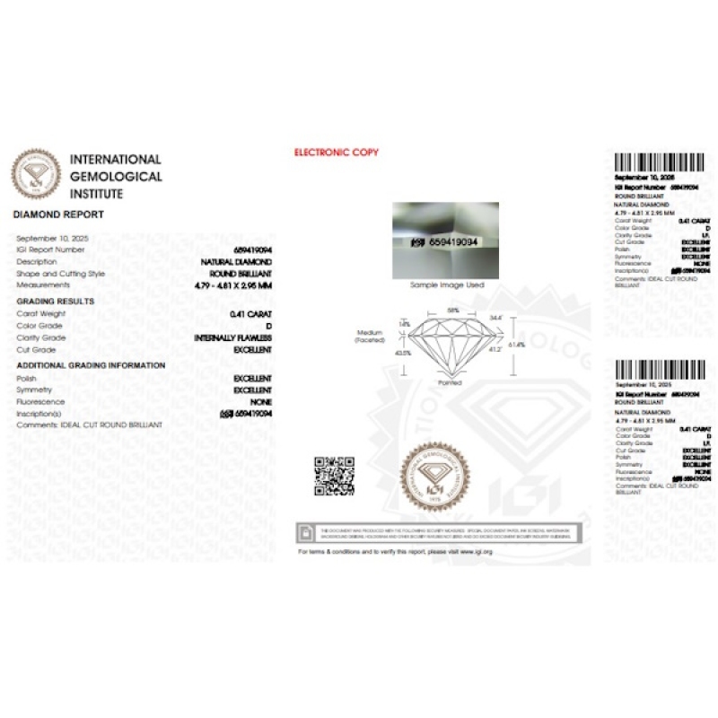 Diamante certificado IGI 0.41 CT D IF Diamante certificado IGI 0.41 CT D IF
