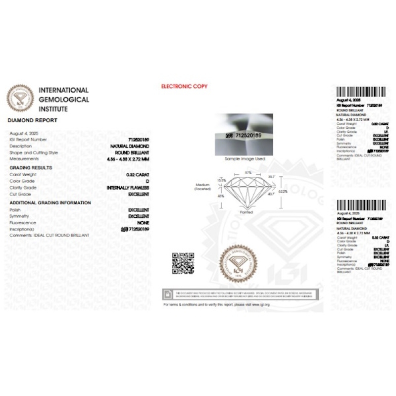 Diamante certificado IGI 0.32 CT D IF  Diamante certificado IGI 0.32 CT D IF