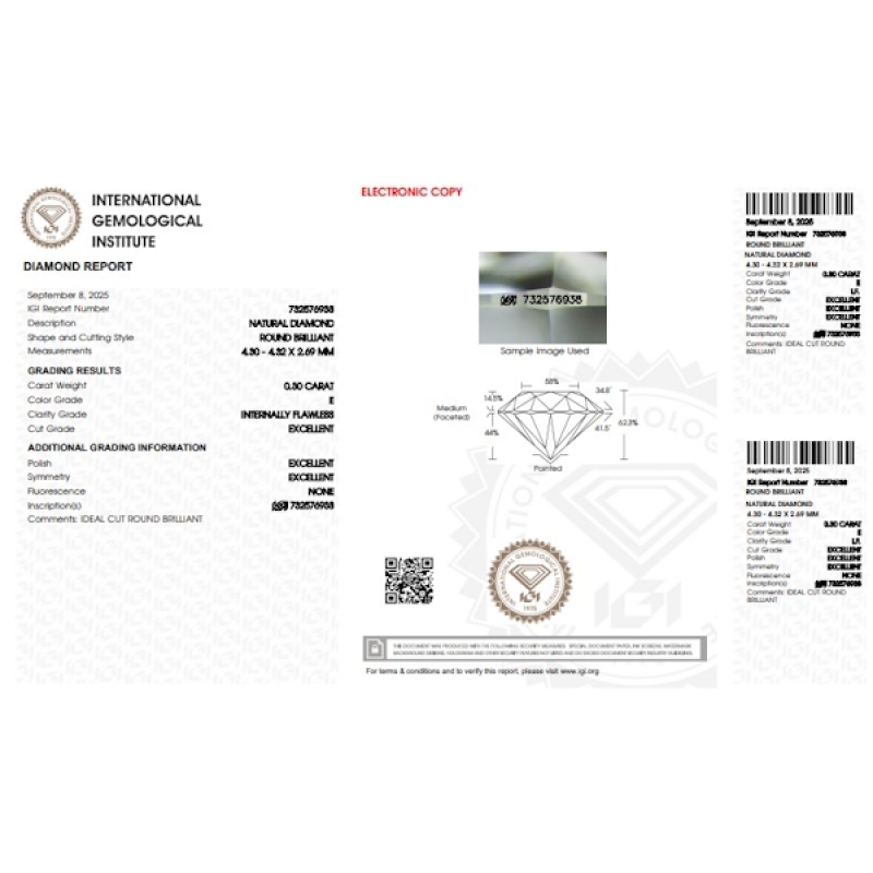 Diamante certificado IGI 0.30 CT E IF Diamante certificado IGI 0.30 CT E IF