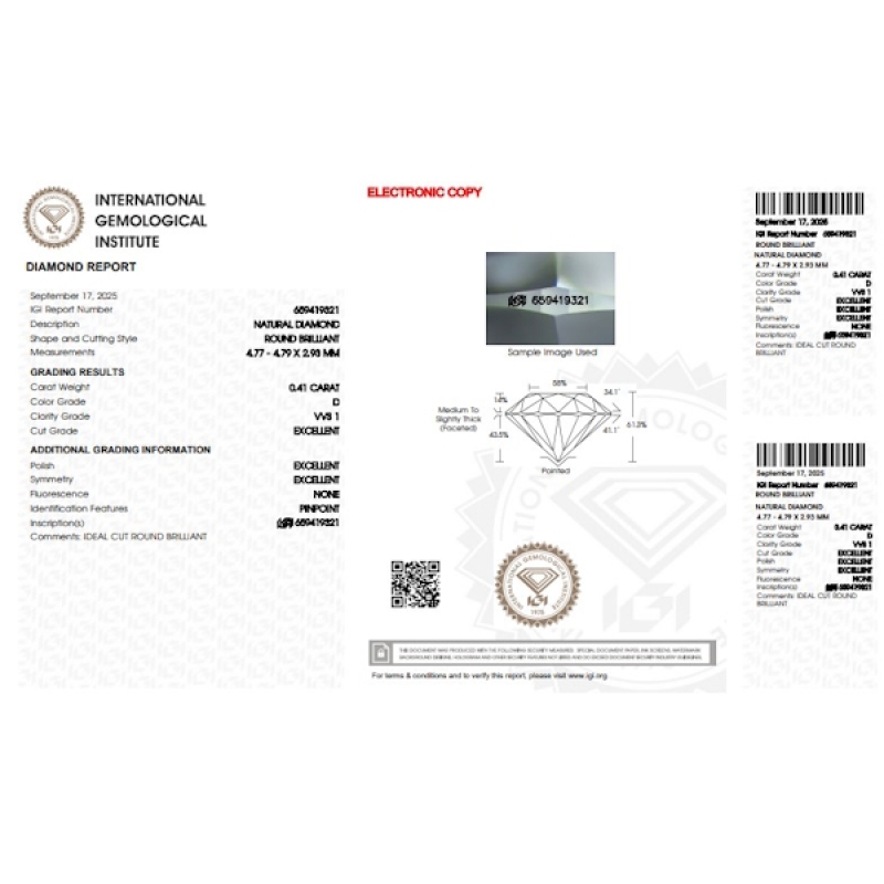 Diamante certificado IGI  0.41 CT D VVS1  Diamante certificado IGI  0.41 CT D VVS1