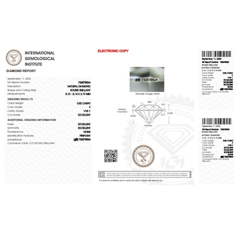 Diamante certificado IGI 0.52 CT F VVS1 Diamante certificado IGI 0.52 CT F VVS1