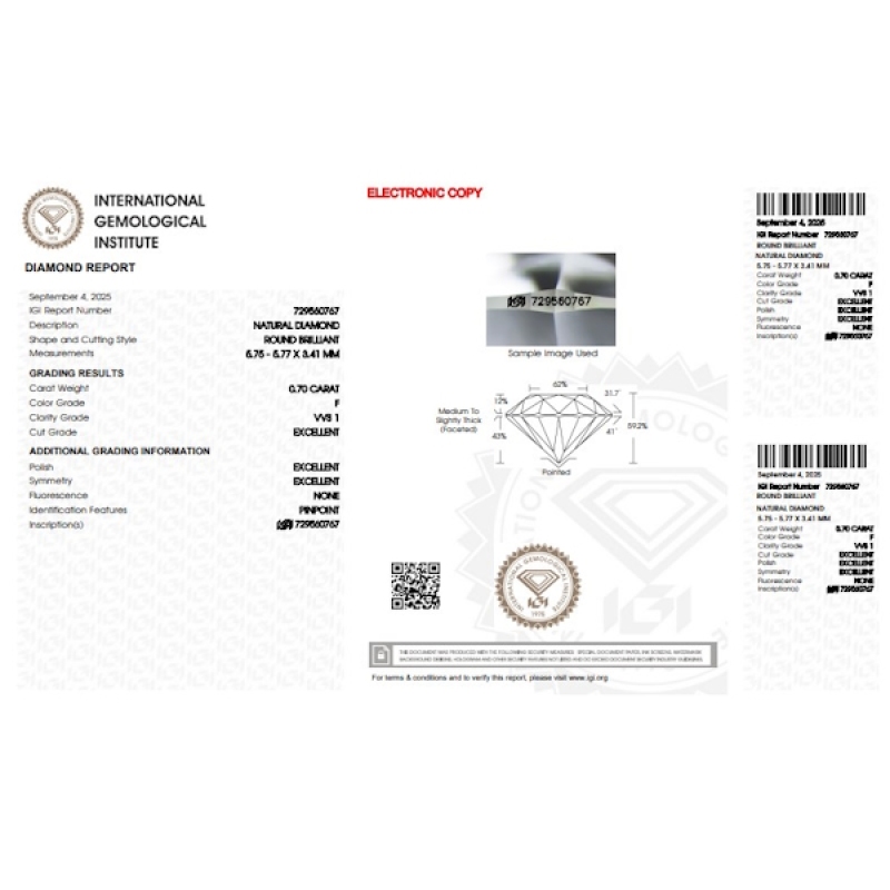 Diamante certificado IGI  0.70 CT F VVS1  Diamante certificado IGI  0.70 CT F VVS1