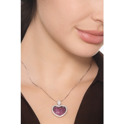 Colgante Corazón Rubíes y Diamantes Oro Blanco 18k