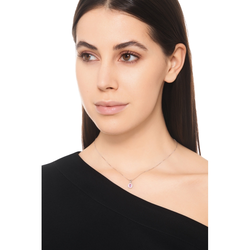 Colgante Zafiro Rosa Ovalado Diamantes Oro Blanco