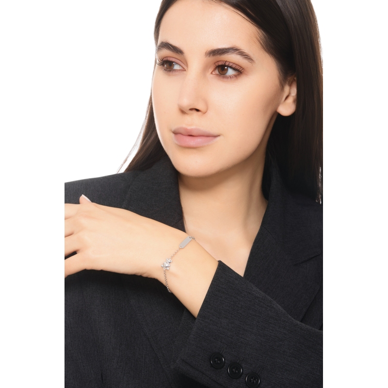 Pulsera en oro blanco 18k con placa grabable y osito