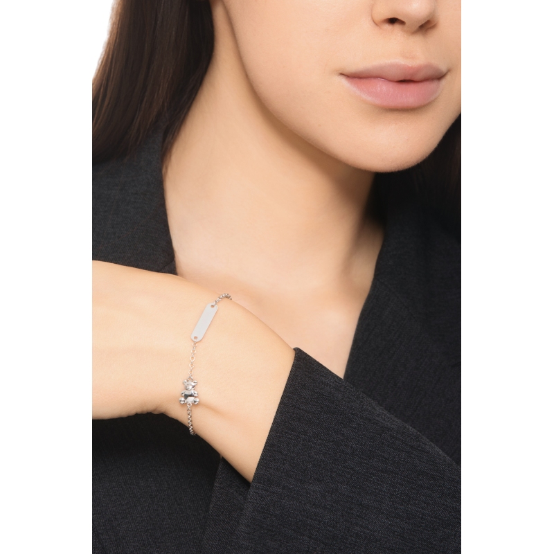 Pulsera en oro blanco 18k con placa grabable y osito