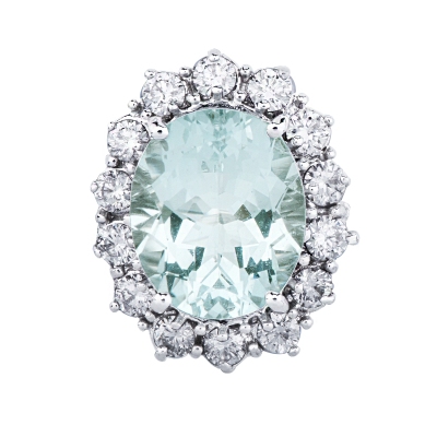 Anillo contorno oro 18k con aguamarina oval y 14 diamantes