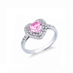 Anillo en forma de corazón en oro blanco de 18k con zafiro rosa 